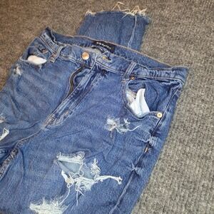 Aeropostale Mom Jeans Womens 14 Reg Blue Distressed High Rise Raw Hem Straight